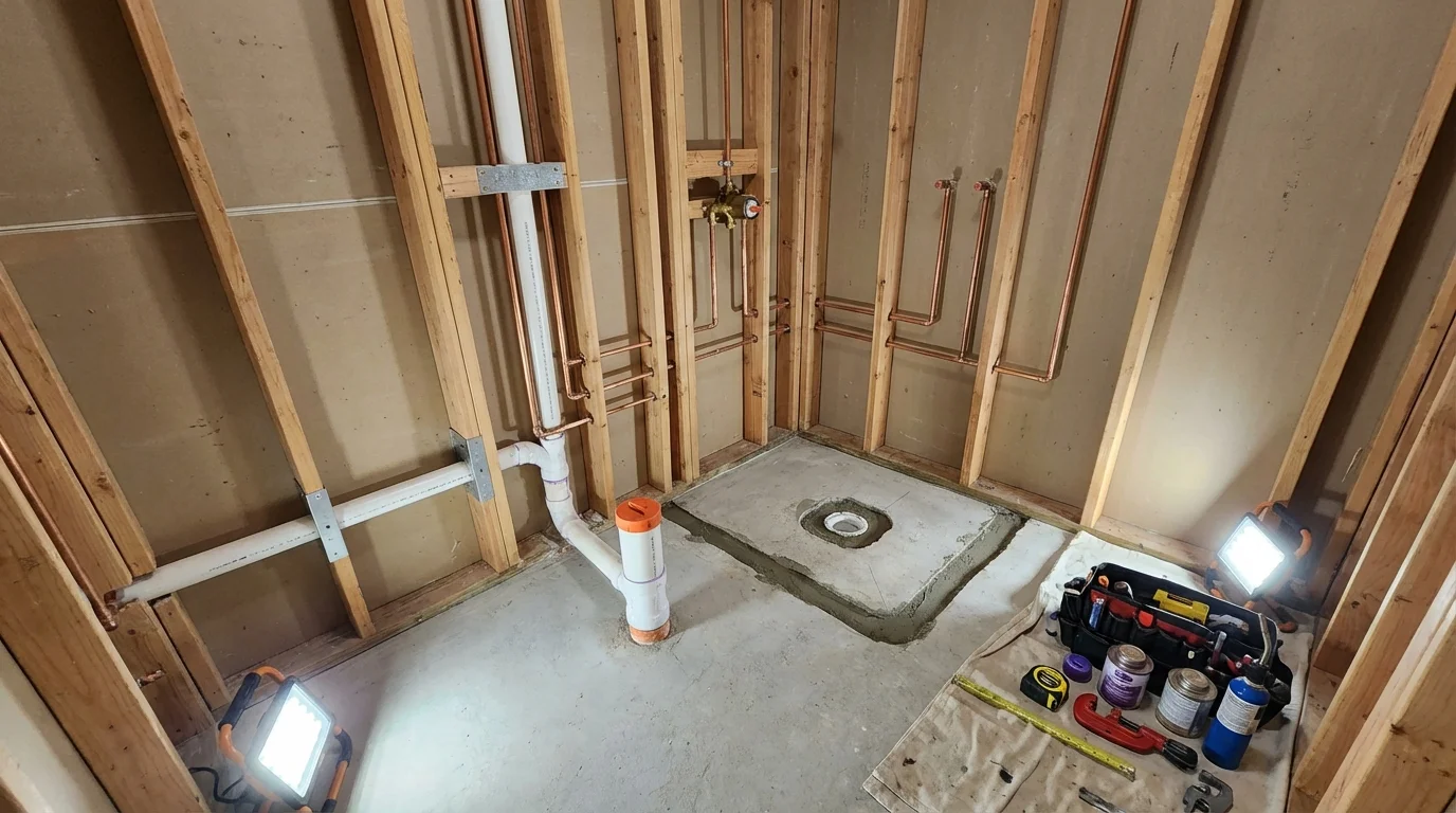 Bathroom rough-in plumbing during remodel by Johns Plumbing LLC in Montgomery