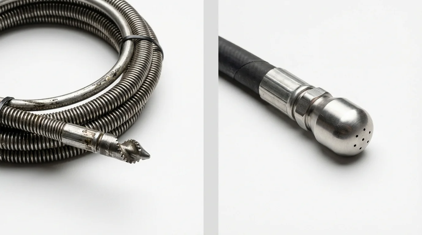 Drain snake cable and hydro jetting nozzle used for drain cleaning in Montgomery, NY
