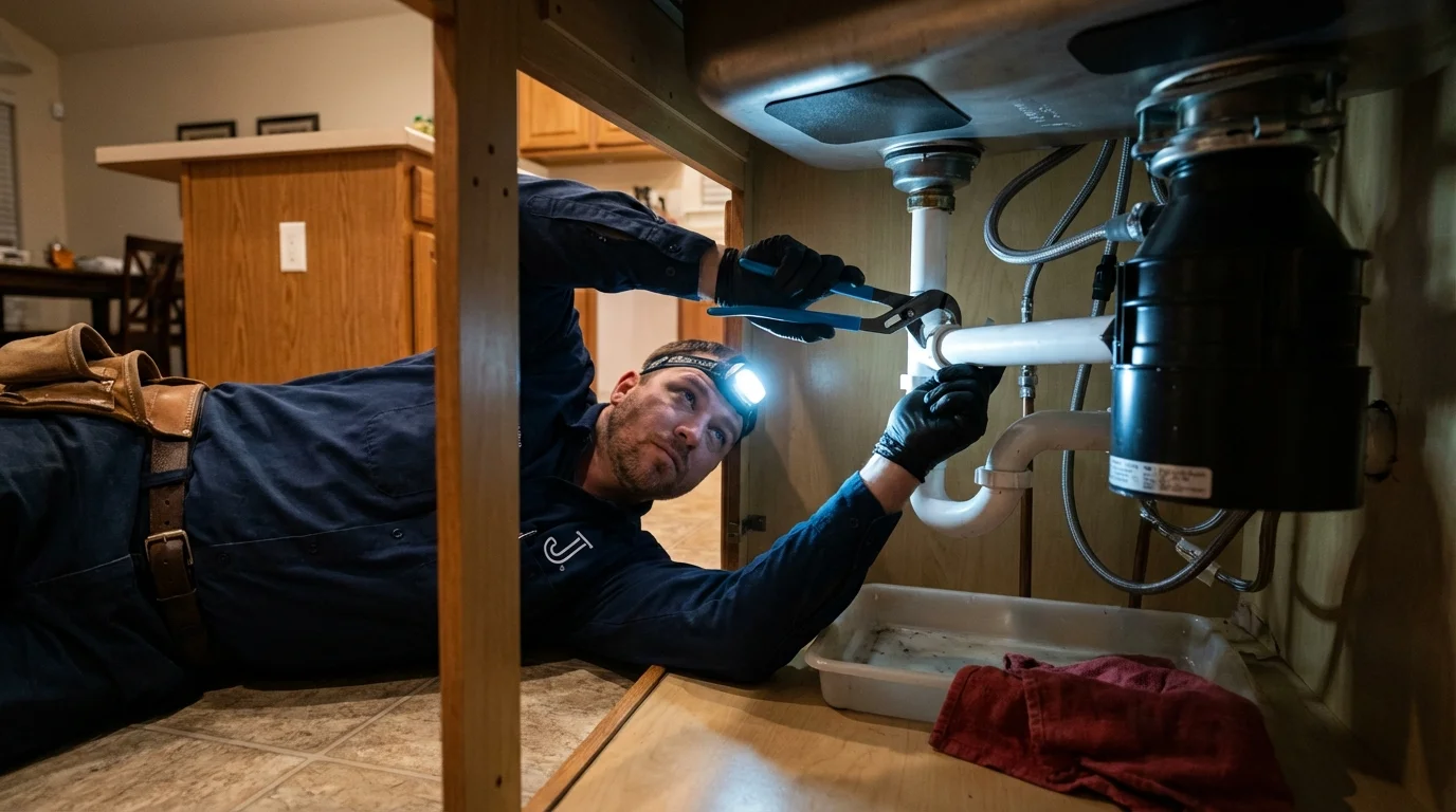 P-trap and supply line connections under a kitchen sink showing a common leak point in Montgomery, NY